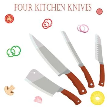 Four kitchen knives for the chef for chefs with vegetables. EPS10. 스톡 일러스트
