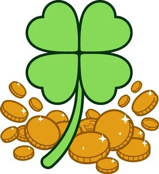 Four-Leaf Clover and Gold Coins Illustration Celebrating Wealth and Good Luck Stock Illustration