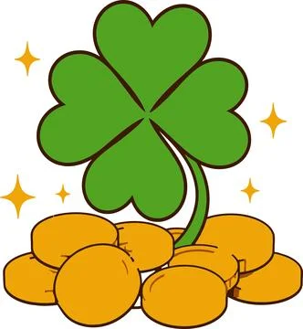 Four Leaf Clover with Gold Coins and Sparkles, Lucky Symbol Stock Illustration