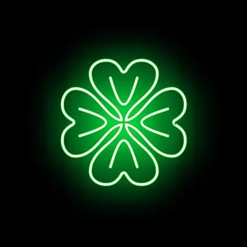 Four leaf clover neon light glowing green luck symbol Stock Illustration