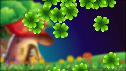 Four Leaf Clovers Falling Over a Whimsical Mushroom House Background Video stock 341557825