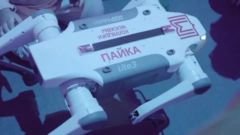 Four-Legged Robot dog - mechanical device with AI, behavior of a living creature Stock Footage 323840063