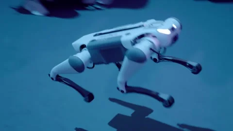 Four-Legged Robot dog - mechanical device with AI, behavior of a living creature Stock Footage 323851999