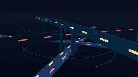 Four level stack interchange at night with light trails threading the stacked Stock Footage 341071506