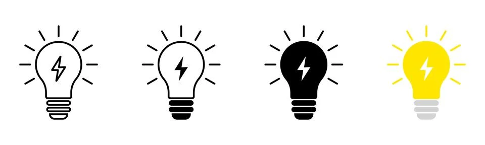 Four light bulb with lightning bolt inside and radiating lines electricity Stock Illustration