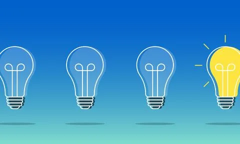 Four light bulbs float against a blue gradient sky 스톡 일러스트