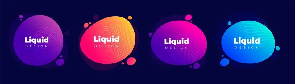 Four Liquid color covers set in dark background. Flow, fluid shapes composition Stock Illustration