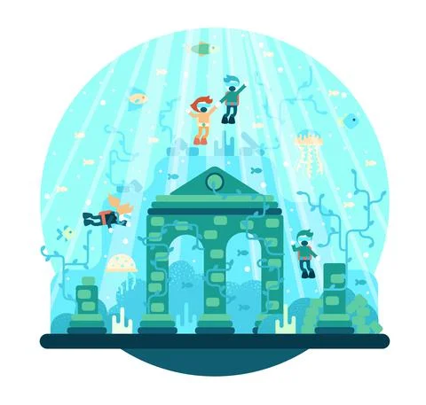 Four little divers explore the ancient arch and destroyed columns Stock Illustration