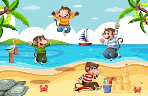 Four little monkeys jumping in the beach scene Stock Illustration