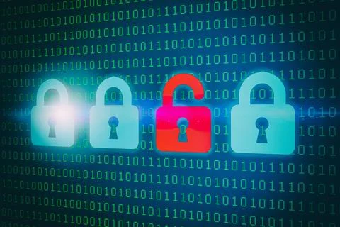 Four locks with the red lock unlocked on binary code background - GDPR data prot 库存插图