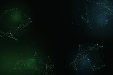 Four luminous geometric clusters float around a deep dark field, combining .. Stock Illustration