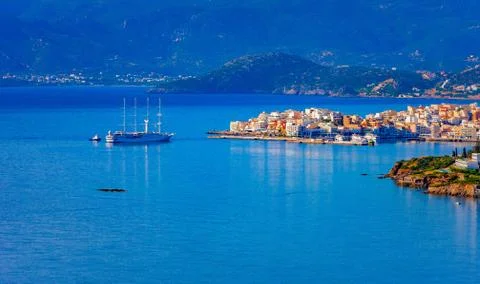Four-masted passenger sailboat off the coast of Agios Nikolaos, Crete, Greece Stock Photos