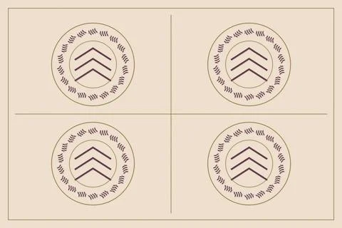 Four matching circular emblems display layered plum chevrons and delicate l.. Stock-Illustration