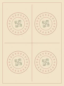 Four matching circular emblems sit within a divided beige grid, pairing del.. Ilustração Stock