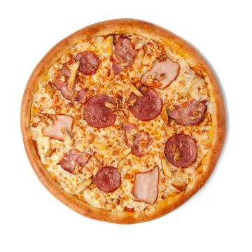 Four meat pizza. The composition includes four types of meat: carbonade, chic Foto stock