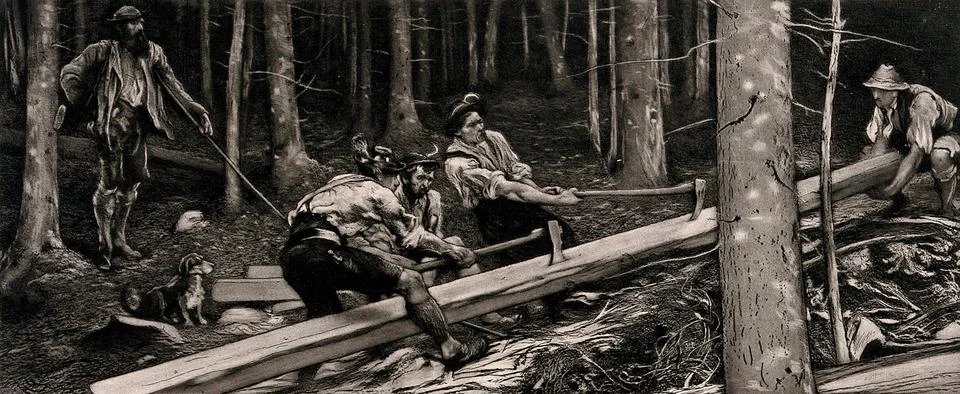 Four men are logging trees in a Bavarian forest, and another man is oversee.. Stock Illustration