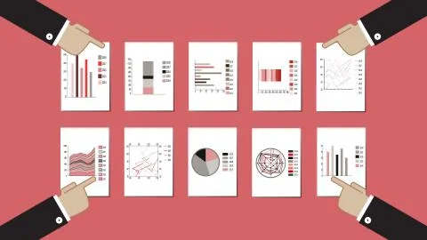 Four men discussing various graphs and charts Stock Illustration