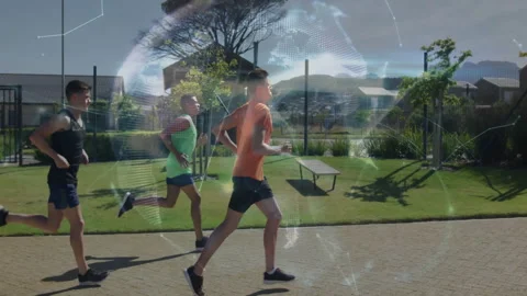 Four men starting jogging on park path, activating training tech with grid lines Stock Footage 311504926