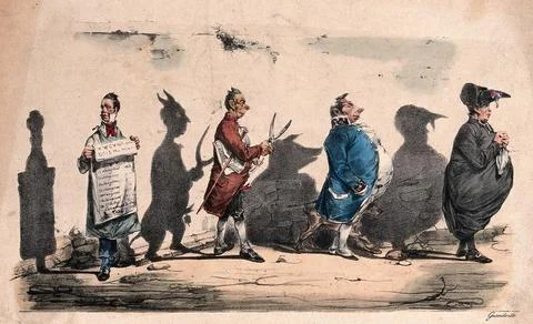 Four men whose distorted shadows are cast on the wall:a an apothecary casti.. Stock Illustration