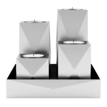 Four metallic candlesticks with candles isolated on white background Stock Illustration