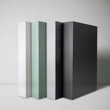 Four minimalist office binders in a gradient of colors from white to dark g.. Stock Photos
