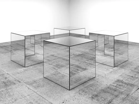 Four mirror cubes stand in white room interior, 3d art Stock Illustration