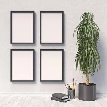Four mock up poster frames with sketchbooks and plant イラスト素材
