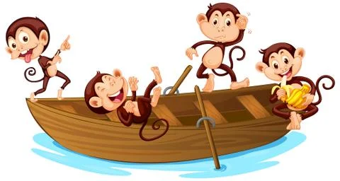 Four monkey playing on the boat Stock-Illustration