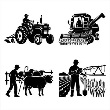 Four monochrome farm scenes featuring agricultural machinery and farmer act.. Stockillustratie