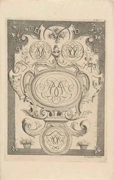 Four monograms between leaf and flower ornament; The aghste part Getrocke ... Stock Photos