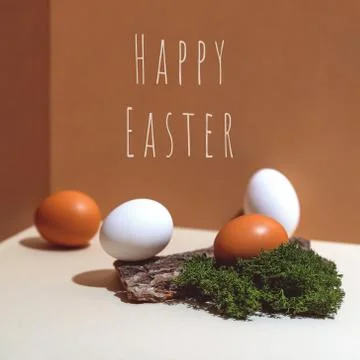 Four multi-colored eggs and natural materials moss and wood. Easter concept 写真素材