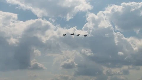 Four multi-purpose aircraft Su-27SM NATO: Flanker-B in group horizontal flight. Stock Footage 117541623