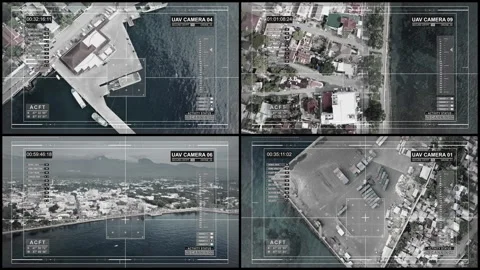 Four multi screens show us a view of the seaport from the drone Vídeo Stock 98385610