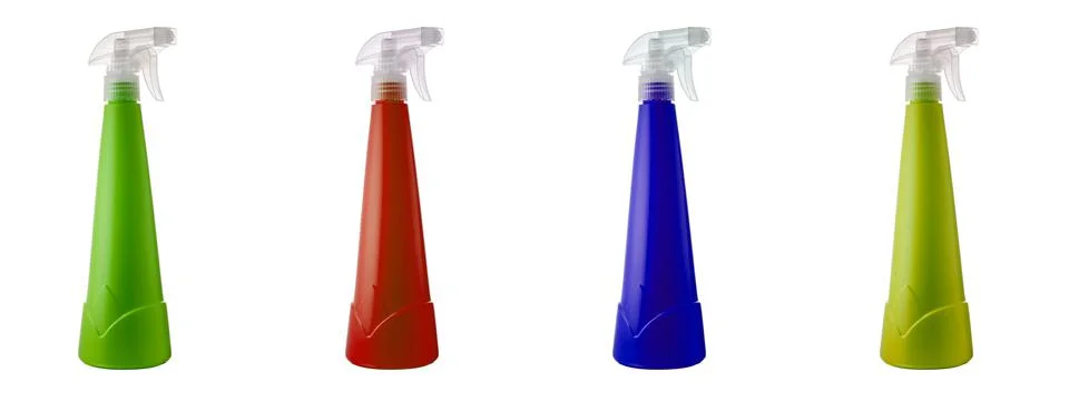 Four multicolored spray bottles no brand, no label isolated on white collage. Stock Photos