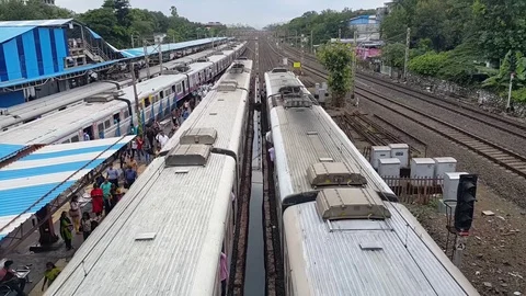 Four Multiple Mumbai Local Trains Crossing Each Others Stock Footage 119972122
