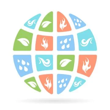 Four natural elements icons planet - Earth, Water, Fire and Air. Stock Illustration