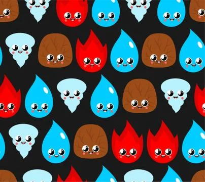 Four natural elements pattern seamless. Cute kawaii background. Wind and fire Stock Illustration