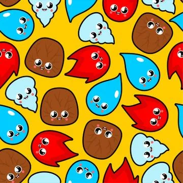 Four natural elements pattern seamless. Cute kawaii background. Wind and fire Stock Illustration
