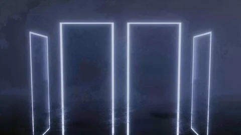 Four neon door frames in a misty blue room, 4K illustration Stock Illustration