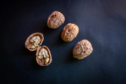 Four nuts, some opened. 스톡 사진