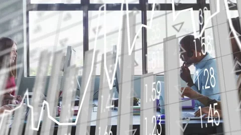 Four office workers typing, calling, camera panning left showing finance charts, Stock Footage 335235232