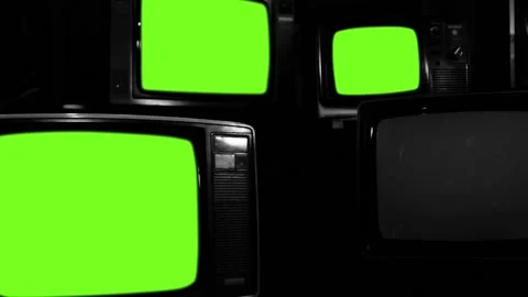 Four Old TVs Turning Off, Green Screen Fading, Black and White Tone, Zoom Out  Stock Footage 100003634