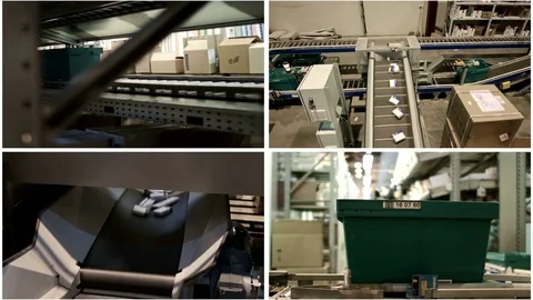 Four in one: pharmacy warehouse concept - work on the conveyor, close up Stock Footage 72239200