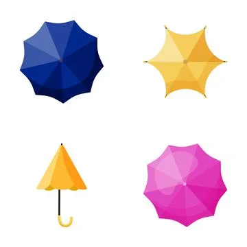 Four open and closed umbrellas in blue, yellow, and pink colors Stock Illustration