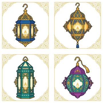 Four ornate decorative lamp post with colorful stained glass and intricate .. Stock Illustration