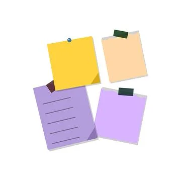 Four overlapping sticky notes in yellow, peach, and purple hues with tape Stock Illustration