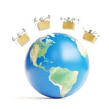 Four package delivery drones flying over Earth planet 3D rendering of four... Stock Photos