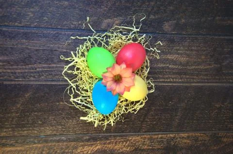 Four painted Easter eggs in a nest of straw with a flower in the center, lie Stock Photos