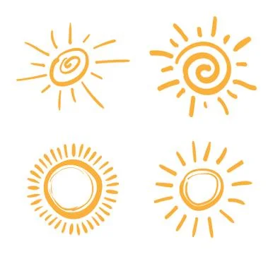 Four painted suns. Vector solar symbols set. Stock Illustration