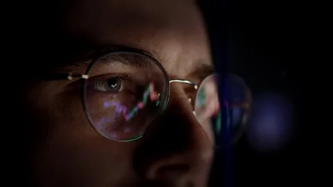 Four Panel Screen Reflection In Glasses Night Time Technology Work Dark Mood Stock Footage 297322104